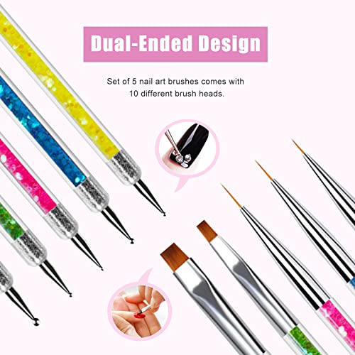 Sularpek 5pcs Nail Art Brushes, Nail Dotting Tools, Function Nail Brush for Dotting Drawing Painting Tools Liner Design Nail Art with Glitter Han