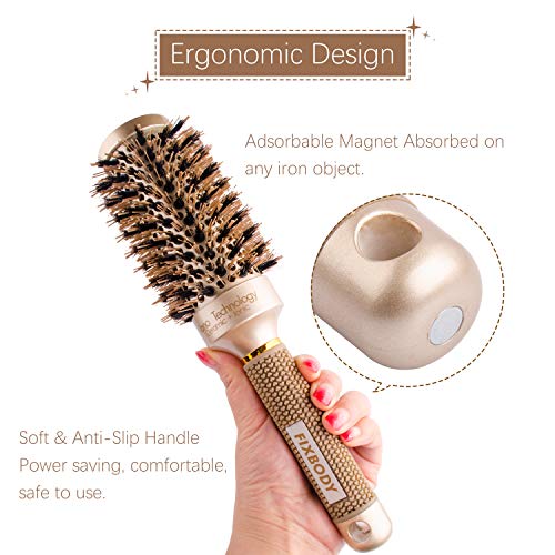 FIXBODY Round Barrel Nano Thermal Ceramic Coating & Ionic Tech Hair Brush with Boar Bristles, for Hair Blow Drying, Styling, Curling, Straighteni