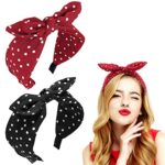 Polka Dot Headband,2Pcs Bow Tie Knotted Hair Bands,Wide Band Cloth Hair Hoop Bunny Ear Headwrap Hair Accessories for Women Girls (Black Red Polka