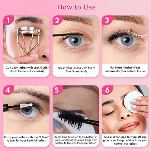 Lash Bond and Seal with Remover, Cevillae Eyelash Glue and Lash Remover for Individual Cluster Lashes Extensions, Waterproof Strong Hold 48Hours