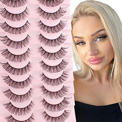 Parriparri Eyelashes Russian Strip Lashes 10 Pairs Curly False Lashes D Curl Volume Strip Lashes Natural Fluffy Thick Fake Lashes