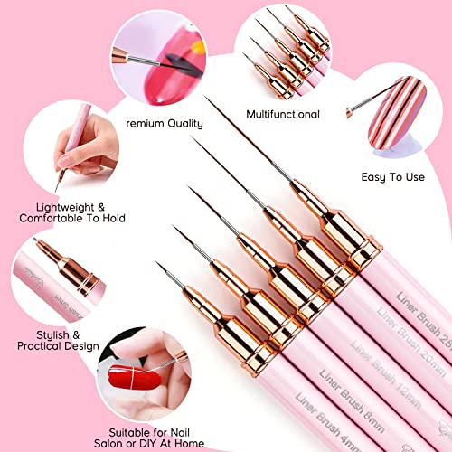 Nail Art Liner Brushes - Eptbsdu 5PC Nail Art Brush for Long Lines, Liner Brush UV Gel Polish Painting Nail Design Brush Metal Handle Nail Drawin