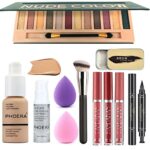 All in One Makeup Set 12 Colors Eyeshadow Palette Matte Foundation Face Primer, 3 Liquid Lipstick, Eyebrow Soap, Winged Eyeliner Stamp, Brush, Sp