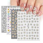 4 Sheets 5D Daisy Flower Nail Art Stickers Spring Summer Flower Style Nail Decals Self-Adhesive Flowers Design Nail Sticker Manicure Tips DIY Nai