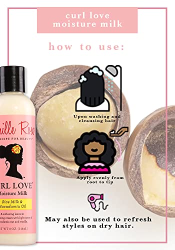 Camille Rose Curl Love Moisture Milk 240ml - Softening Leave-In Conditioner. Macadamia nut & Vanilla. Hydrate and elongate hair strands.
