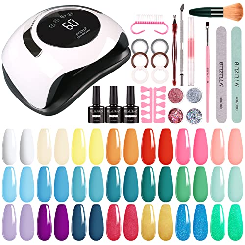 Btiztlla 21 Colors Gel Nail Polish Kit with 120W LED Light, Red Nude Glitter Gel Nail Polish Set, UV LED Nail Lamp, No Wipe Base Top Coat, Manicu