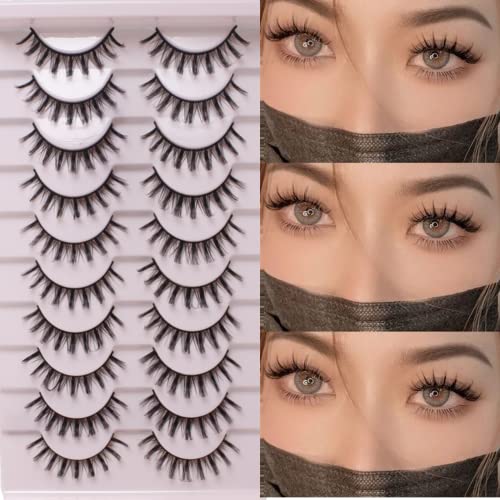 Russian Strip Lashes Natural Look Short Natural Waterproof Thick False Eyelashes 10 Pair Fluffy Volume Faux Mink Lashes Pack (15mm)