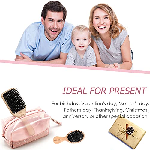 Boar Bristle Hair Brush and Comb Set for Women Men Kids, Best Natural Wooden Paddle Hairbrush and Small Travel Styling Brush for Wet or Dry Hair