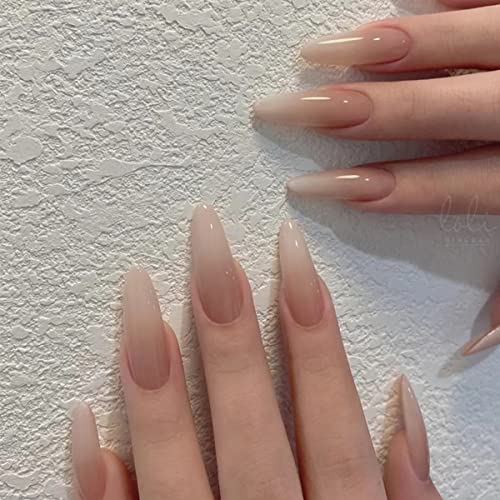 JUSTOTRY 24 Pcs Stiletto False Nails Medium with Jewels,Beige French Press on Nails Pattern,Fake Nails Short with Nail Glue,Almond Stick on Nails