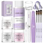 Saviland Acrylic Nail Kit - White Pink Clear Acrylic Powder and Acrylic Liquid with 3 Sizes Acrylic Nail Brushes/Nail File/Nail Forms/Dappen Dish