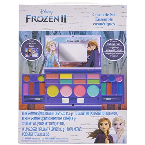 Disney Frozen 2 - Townley Girl Cosmetic Compact Set with Mirror 14 lip glosses, 4 Body Shines, 6 Brushes Colorful Portable Foldable Washable Make