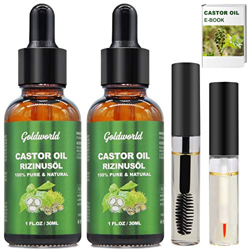 Castor Oil,2 Packs w/Free Lash&Brow Brushes&E-Book,100% Pure Hair Tonic Oil for Eyebrow Lash Eyelash Beard Growth Serum Dry Hair Skin Care Essent