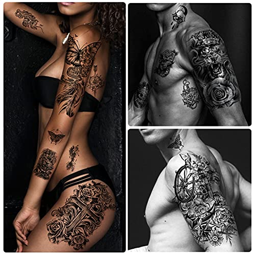 Metuu 49 Sheets Black Half Sleeve Waterproof Temporary Tattoo for Adult Men and Women, 3D Flower Animal Fake Tattoo Stickers for Teen Girls Body