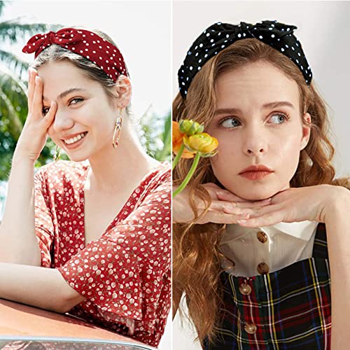 Polka Dot Headband,2Pcs Bow Tie Knotted Hair Bands,Wide Band Cloth Hair Hoop Bunny Ear Headwrap Hair Accessories for Women Girls (Black Red Polka