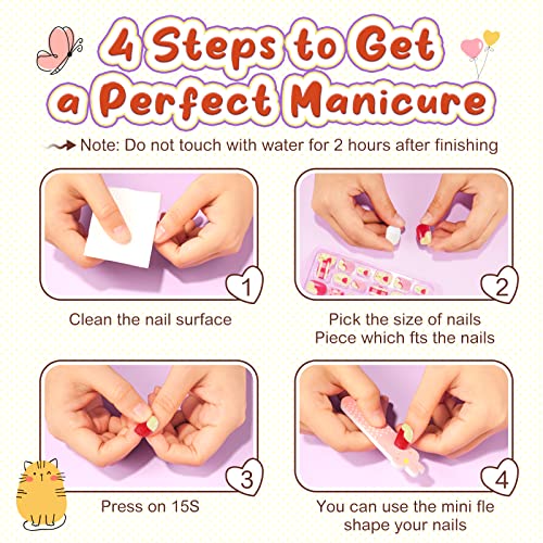Children Press On False Nails, 144 Pcs 6 Pack Children Acrylic Fake Nails Press on Pre-glue Full-Cover False Nail Art Kits with 2 Nail Files for