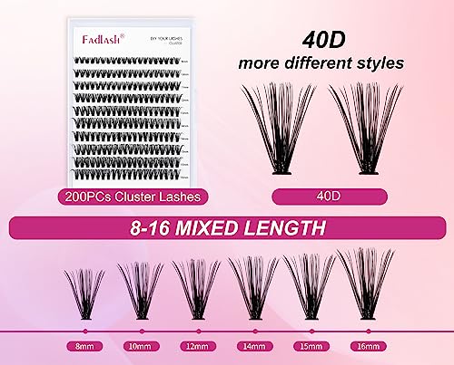 Individual Cluster Lashes Sets Extensions 200Pcs 40D 0.07 D Curl 8-16mm Mixed Trays Individual Eyelashes DIY Multiple Shapes Eyelash Extensions C