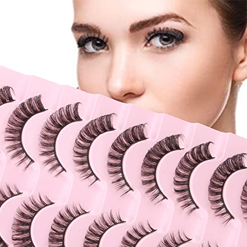 False Eyelashes Natural Look Russian Strip Lashes Faux Mink D Curl Fake Eyelashes Wispy Fluffy Volume 3D Effect Cat Eye Lashes Reusable Handmade