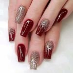 24pcs Short Coffin False Nails Red Stick on Nails Glitter Gold Press on Nails Removable Glue-on Nails Full Cover Fake Nails Women Girls Nail Art