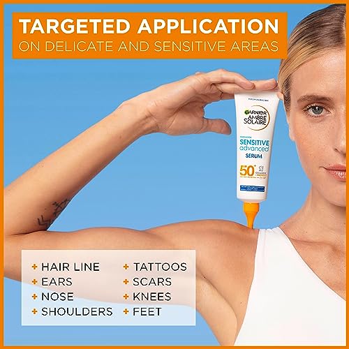 Garnier Ambre Solaire SPF 50+ Sun Protection Serum Face & Body, Non-Sticky, Non-Greasy Fluid Texture, No White Cast, Sensitive Advanced, 125 ml