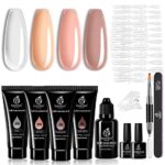 Beetles Poly Nail Extension Gel Kit Clear Nude Pink 1OZ PolyNail Colors for Builder Nail Gel Nail Art Kit with Poly Brush Nail Clip Dual Forms Ty