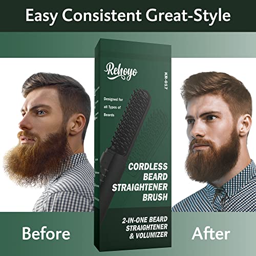 Beard Straightener Brush, REHOYO Cordless Hair Straightening Comb with Different 3 Temperature, Rechargeable Anti-Scald and Auto-Off of Portable