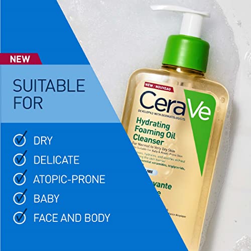 CeraVe Hydrating Foaming Oil Cleanser for Normal to Very Dry Skin with Squalane, Triglyceride and 3 Essential Ceramides (For Face and Body), Clea