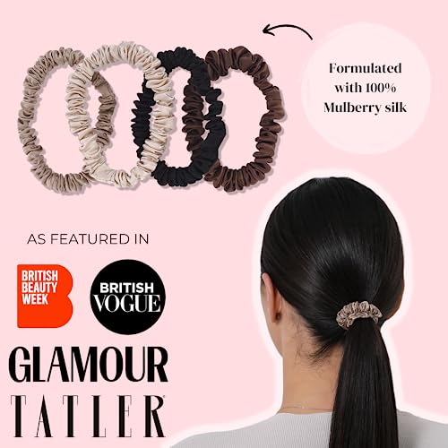 SILKIE x4 Set 100% Pure Mulberry Silk Black Brown Skinny Scrunchies Travel Pouch Everyday Hair Ties Elastics Hair Care Ponytail Holder No Damage