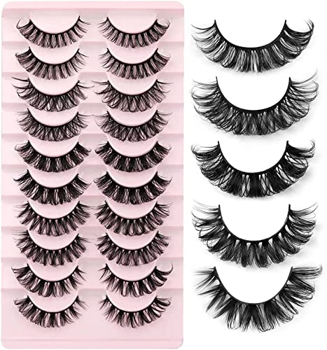 Russian Strip Lashes Natural Look Short Natural Waterproof Thick False Eyelashes 10 Pair Fluffy Volume Faux Mink Lashes Pack (15mm)