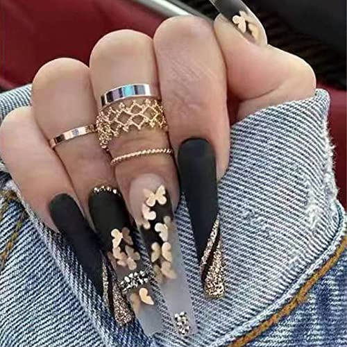 JUSTOTRY 24 Pcs Diamante Fake Nails Long, Nude French Press on Nails Patterns, Ballerina Stick on Nails for Women, Acrylic Medium Coffin False Na