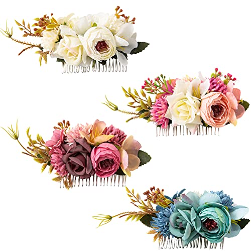 Cinaci 4 Pack Artificial Flower Metal Hair Side Combs Slides Clips Floral Wedding Bridal Headpieces Hairpins Barrettes Bun Chignon Hair Accessori