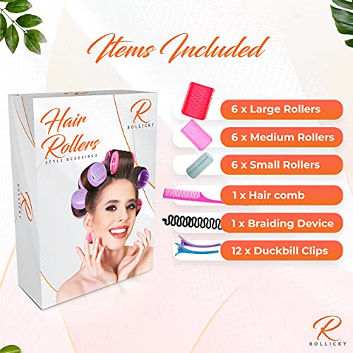 Rollicky Velcro Hair Rollers Set (32Pcs) - 18 Self Grip Velcro Hair Rollers for Hair Volume & Styling (6 Small, 6 Medium, 6 Large), 12 Duckbill H
