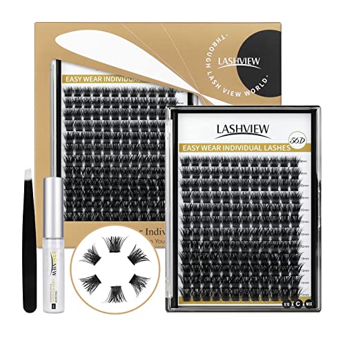 LASHVIEW DIY Lash Extension, Cluster Lashes,Soft and Lightweight, 0.10mm 56D 9-14mm Mixed Reusable Wide Band Lash Cluster at Home