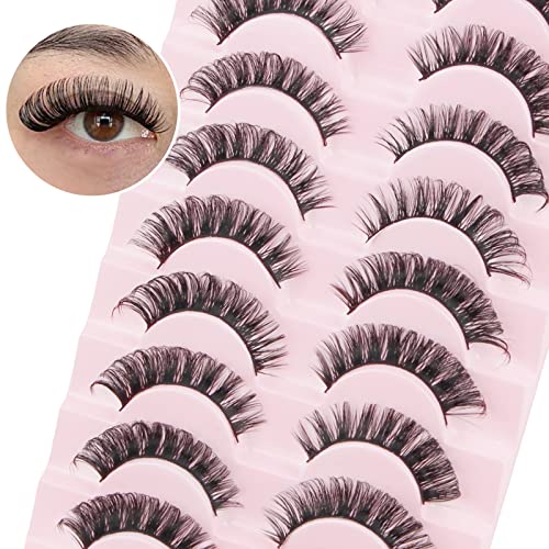 False Eyelashes Natural Look Russian Strip Lashes Faux Mink D Curl Fake Eyelashes Wispy Fluffy Volume 3D Effect Cat Eye Lashes Reusable Handmade