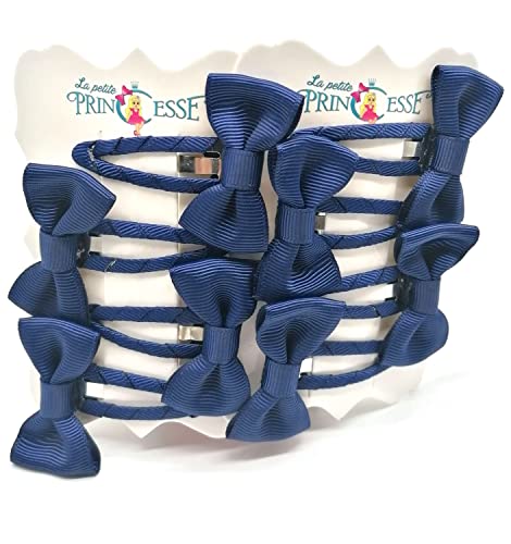 Set 8 Pcs HAIR BOWS HAIR CLIPS GIRLS CLIPS SCHOOL RIBBON SLIDES Hair ACCESSORY (Navy Blue)