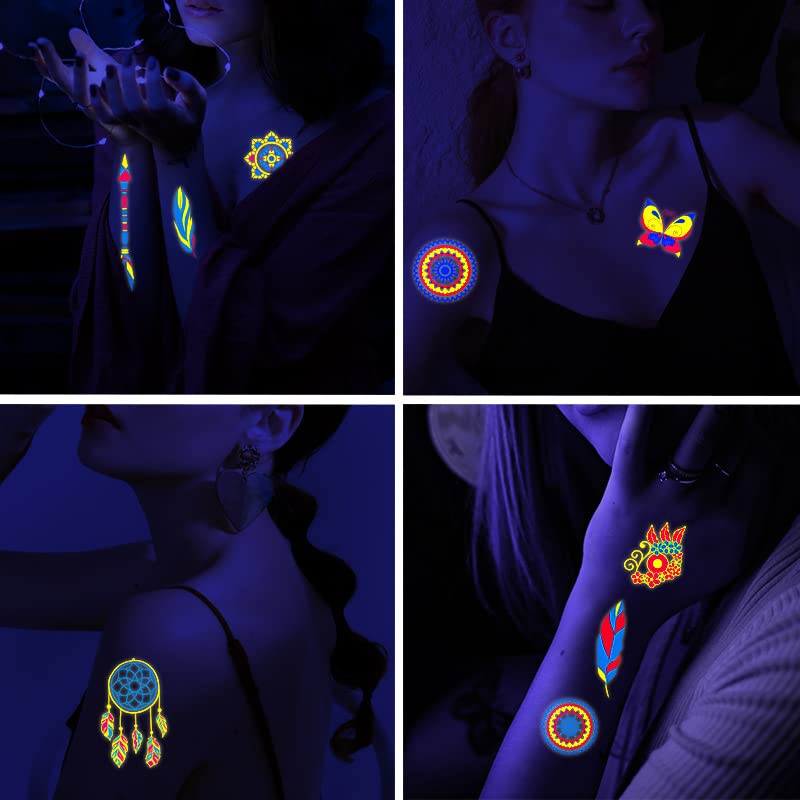 Neon Temporary Tattoo - 120+ Assorted Designs Glow in the Dark Neon Temporary Tattoo, UV Blacklight Neon Glow Fake Tattoos Rave Festival Accessor