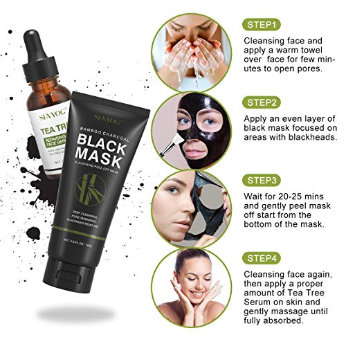 Blackhead Peel Off Face Mask, SHVYOG 3-in-1 Blackhead Remover Charcoal Mask with Brush & Tea Tree Serum, Purifying Deep Cleansing Black Mask for