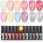 Kredioo Jelly Gel Nail Polish Set, 12Pcs 5ML Jelly Gel Polish Sheer Milky White Pink Nude Blue Purple Yellow Glitter Translucent Gel Polish UV Na
