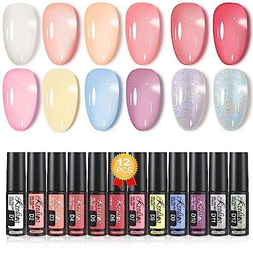 Kredioo Jelly Gel Nail Polish Set, 12Pcs 5ML Jelly Gel Polish Sheer Milky White Pink Nude Blue Purple Yellow Glitter Translucent Gel Polish UV Na