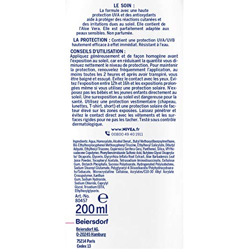 NIVEA Sun Sensitive Sun Lotion SPF 50+ (1 x 200 ml), Unscented & Water Resistant, Sunscreen Light Non-Greasy Texture