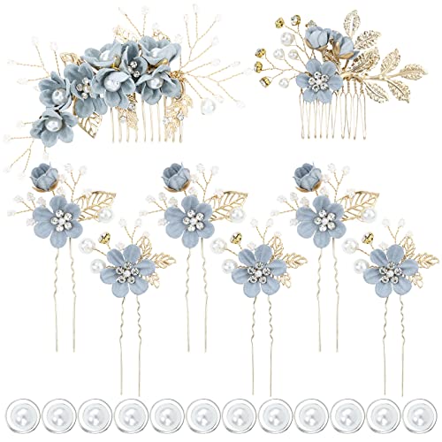 inSowni 20 Pack Classy Dusty Blue Flower Bridal Wedding Hair Side Combs+Floral Hair Pins+Twist Spiral Pearl Hair Pins Clips Pieces Formal Prom He