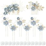inSowni 20 Pack Classy Dusty Blue Flower Bridal Wedding Hair Side Combs+Floral Hair Pins+Twist Spiral Pearl Hair Pins Clips Pieces Formal Prom He