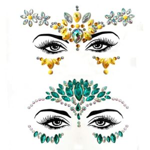 ZHIYE Face Gems, 2 Pcs Women Crystal Face Glitter Rhinestone Bindi Temporary Tattoo Face Eyebrow Body Stickers for Rave Festival Party