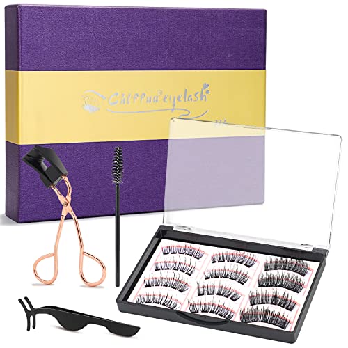 Chlffua Magnetic Eyelashes without Eyeliner 3 Pairs Reusable False Lashes Natural Look 3D Effect Waterproof Fake Eyelash Set with Applicator, 30
