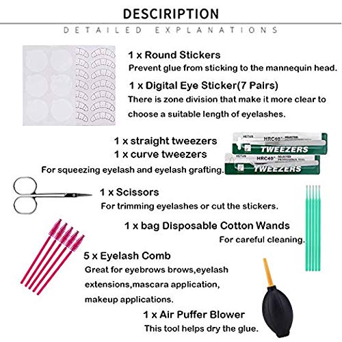 Eyelash Extension Kit, Professional DIY Lash Extension Kit Eyelash Mannequin Head with Cluster Lashes, Eyelash Extension Glue, Eyelash Tweezers,