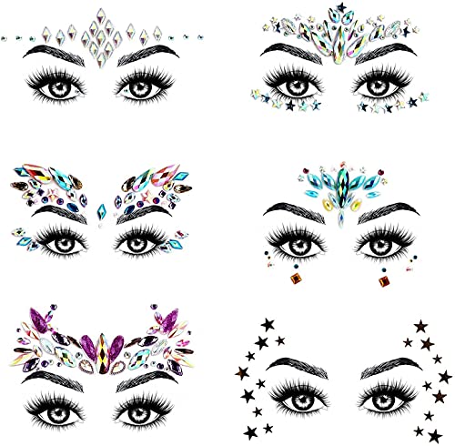 URAQT Face Gems Glitter, 6 Pcs Rhinestone Face Glitter, Crystals Face Stickers for Eyes, Self-Adhesive Body Temporary Tattoos for Party, Rave Fes