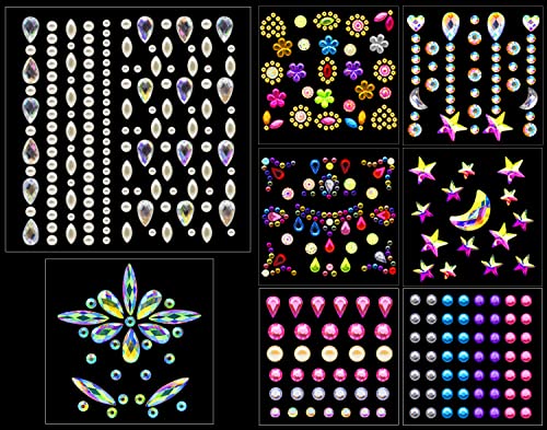 Face Gems-Face Jewels, 8 Sheets Eye Body Face Gems Jewels Rhinestones Stickers, Self-Adhesive Gems for Crafts, Stick on Gems for Body Art Eye Nai
