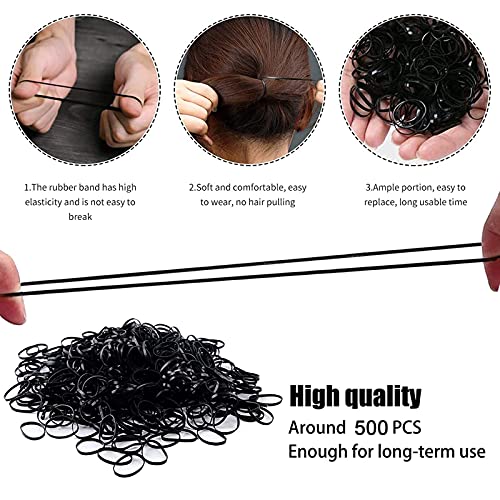 ILamourCar Black Elastic Hair Bands, 500 Pcs Hair Elastics, Rubber Bands For Hair with 10 Colorful Hair Grips, Small Hair Bands for Kids Hair, Br