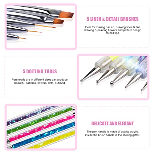 Sularpek 5pcs Nail Art Brushes, Nail Dotting Tools, Function Nail Brush for Dotting Drawing Painting Tools Liner Design Nail Art with Glitter Han