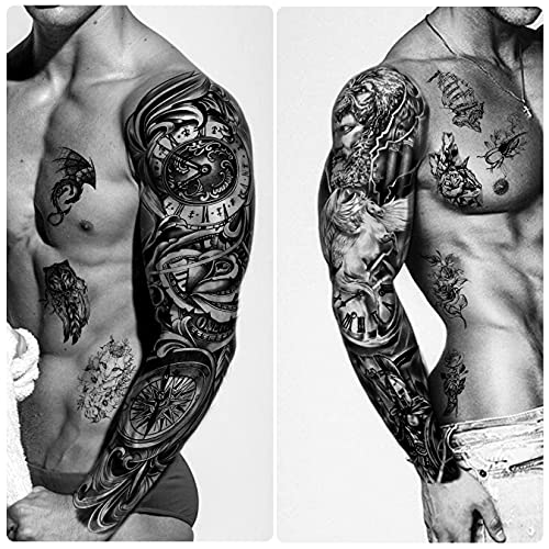 Metuu 46 Sheets Full Arm Waterproof Temporary Tattoos For Men(L22.8“xW7”), Tiger Clock Flower Skeleton Animals Fake Tattoos For Adult Men and Wom