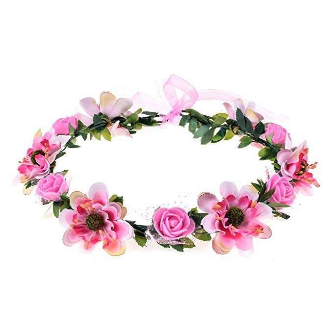 Flower Crown Headband,Pink Festival Accessories Headbands for Women's Hair,Girls Hair Accessories Flower Hair Clips Crown Headband,Floral Wreath